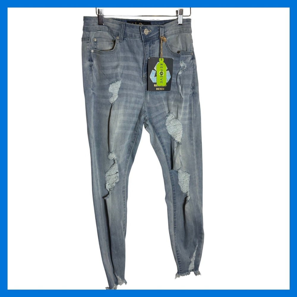 Indigo Rein High Rise Crop Distressed Skinny Jeans Light Wash Repreve Size 7 27